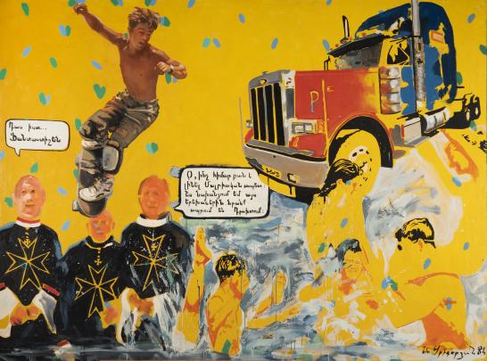 Colorful painting featuring a large red and blue truck on a yellow background with blue dots, a shirtless person on rollerblades, and three figures in black robes with star symbols. Speech bubbles with text in Armenian add narrative elements, while abstract shapes and additional figures contribute to a dynamic, energetic composition.
