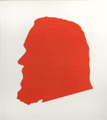 Abstract painting featuring a red profile of a bearded head centered on a plain white background. 