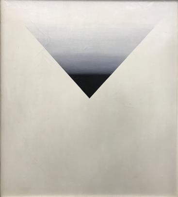 Abstract painting featuring an inverted triangle centered on a white background, with a gradient transitioning from light gray at the top to black at the bottom. The composition emphasizes contrast and minimalism through sharp geometric shapes and smooth tonal shifts.