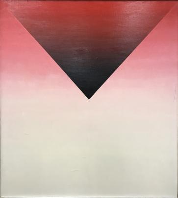 Abstract painting featuring a large inverted triangle with a gradient transitioning from deep red at the top to black at the center, set against a background fading from pink to white. The composition emphasizes contrast between sharp geometric shape and smooth color transitions, creating a striking visual effect.