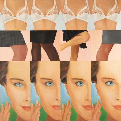 Painting consisting of repeated sections depicting various parts of female body: four panels of a back wearing a bra on top, four panels of knees in skirts in the middle, four panels depicting right part of the same female face at the bottom