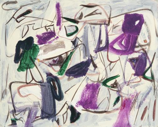 Abstract painting featuring dynamic, overlapping brushstrokes and shapes in purple, green, black, and brown on a light background. Composition includes curved and angular lines creating a sense of movement and layered depth.